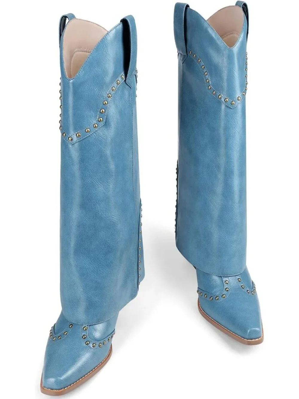 Women's Blue Chunky Heel Snip Toe Fold Over Cowgirl Knee High Shark Boots